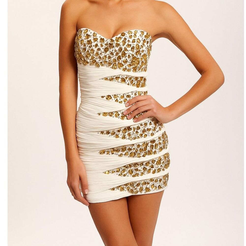 Terani Couture White Formal Strapless Dress with Amazing Gold Beading - Size 8